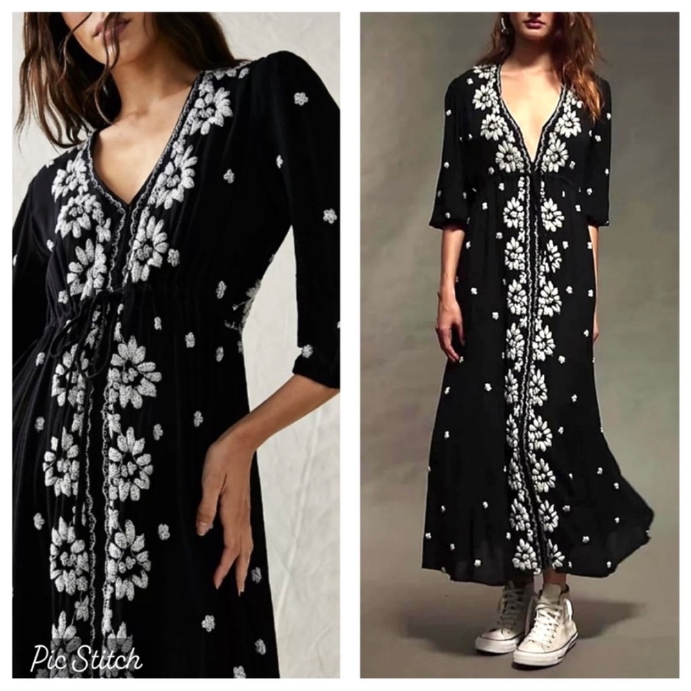 Free People Black Maxi Dress with White Floral Embroidery Fable Dress